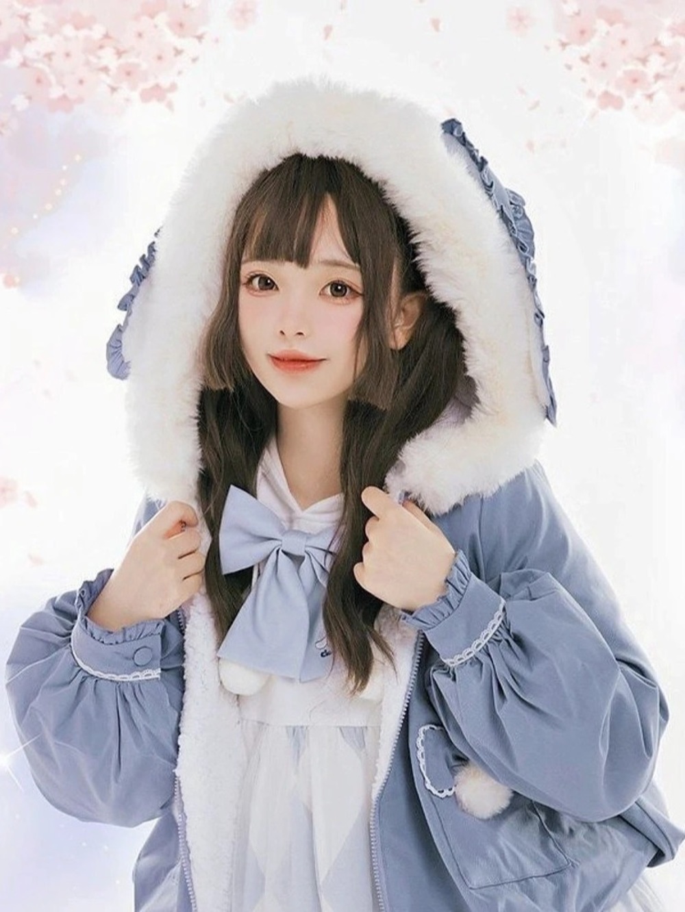 Kawaii Cute Bunny Ear Blue White Hooded Puffer Jacket Size Small Like New